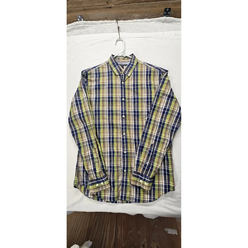 Banana Republic Slim Fit Plaid Button Down Shirt Mens Medium Green Blue Brown